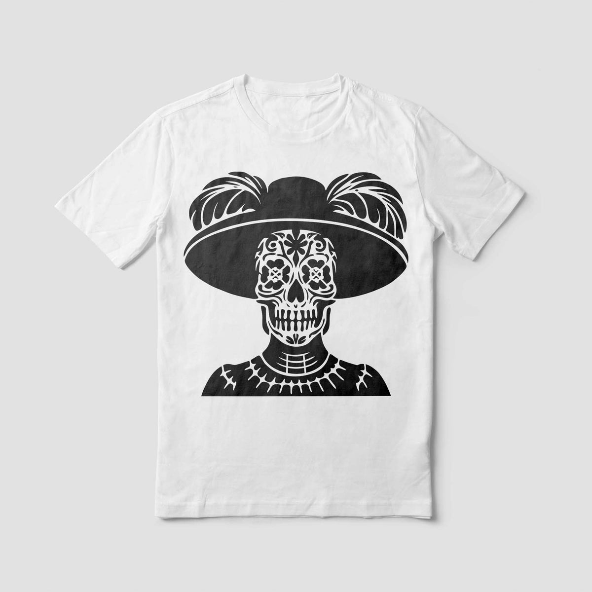 A white shirt displays the Sugar Skull Catrina Stencil with its bold hat and detailed skull face