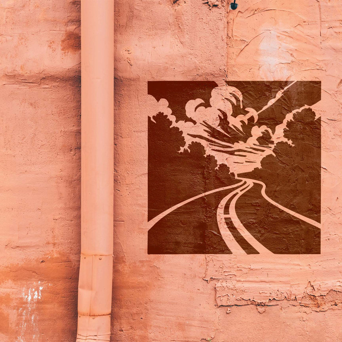 Sunlit Forest Highway View Stencil painted on a textured salmon wall