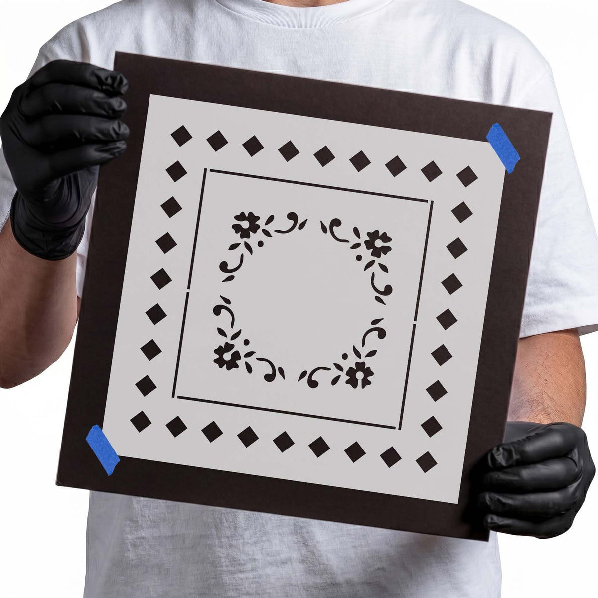 Tablecloth Pattern Stencil with diamond border, floral corner ornaments, and an open square center