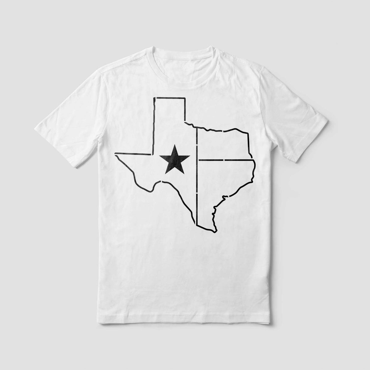 A white T-shirt features the Texas Lone Star State Outline Stencil with a crisp black star design
