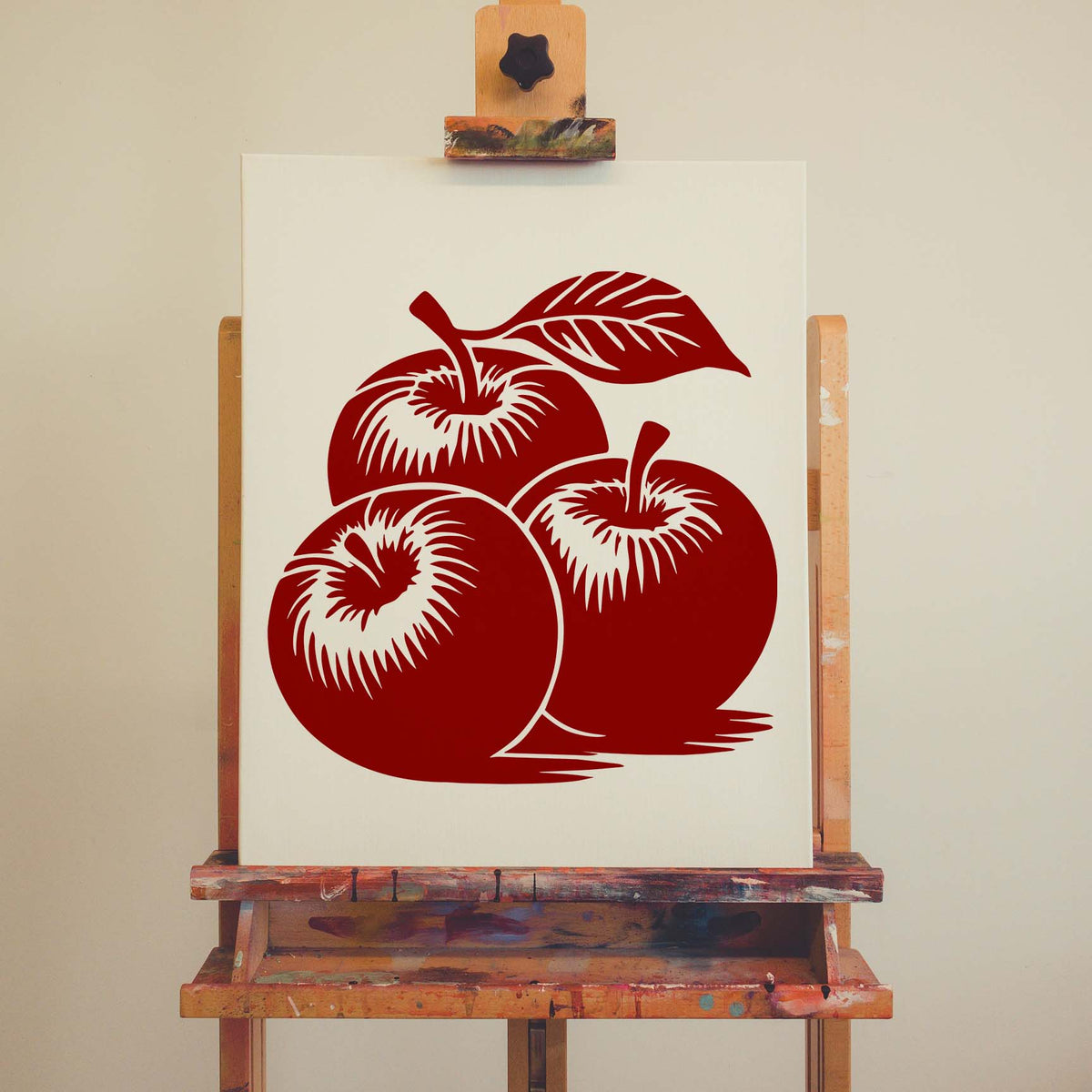 Three Apple Cluster Stencil in deep red featuring three apples and a leaf on white canvas.