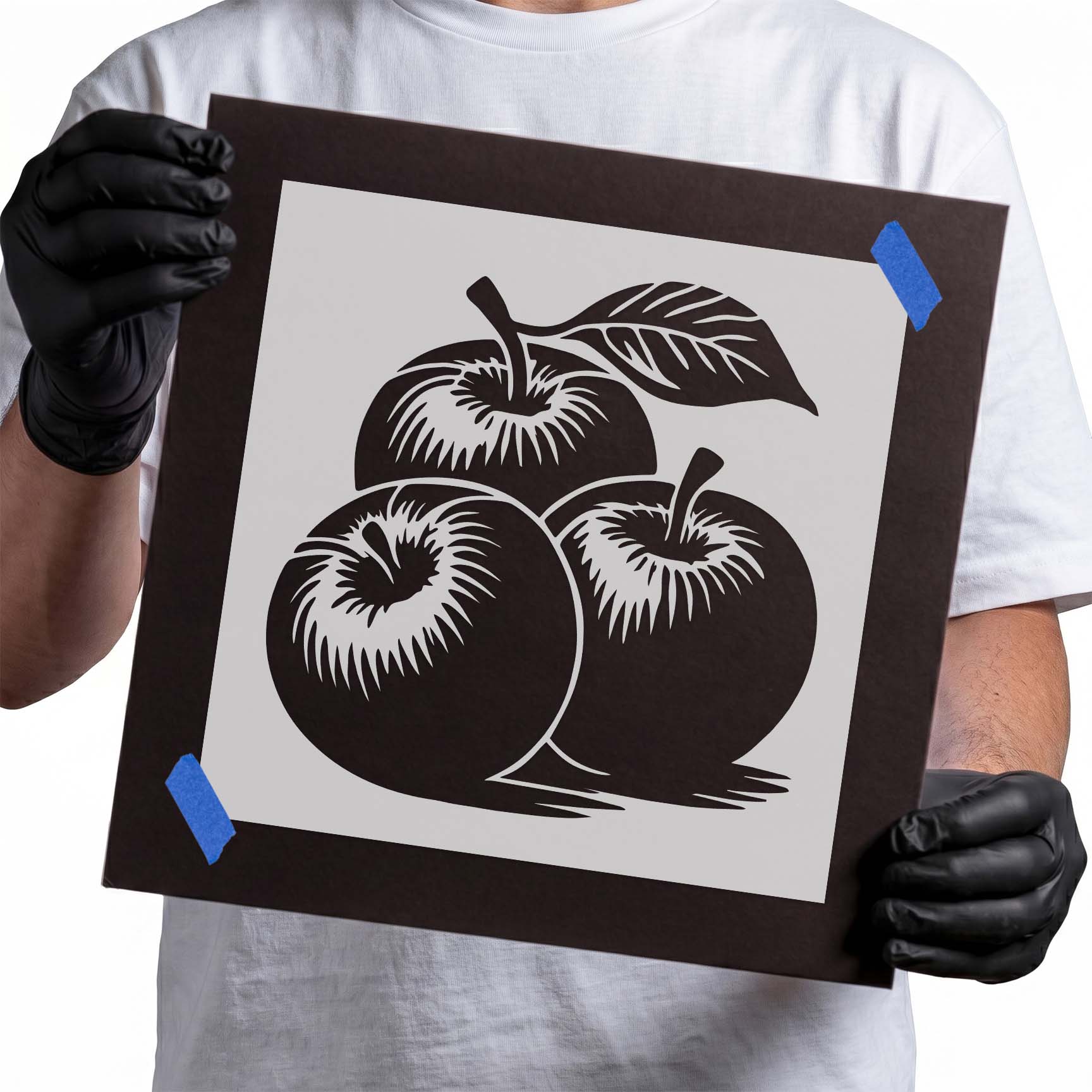 Three apples with leaf cluster stencil design