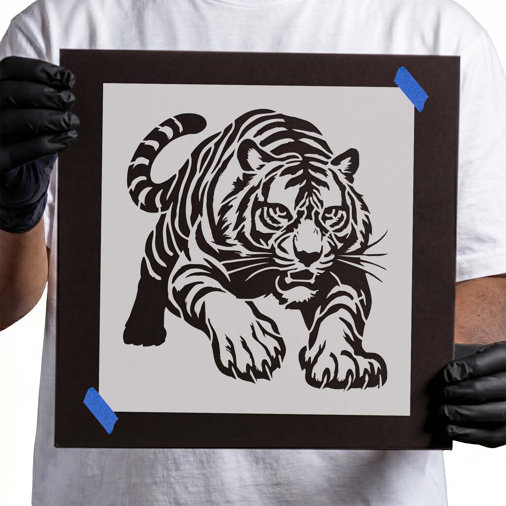 Prowling tiger with bold striped fur stencil design