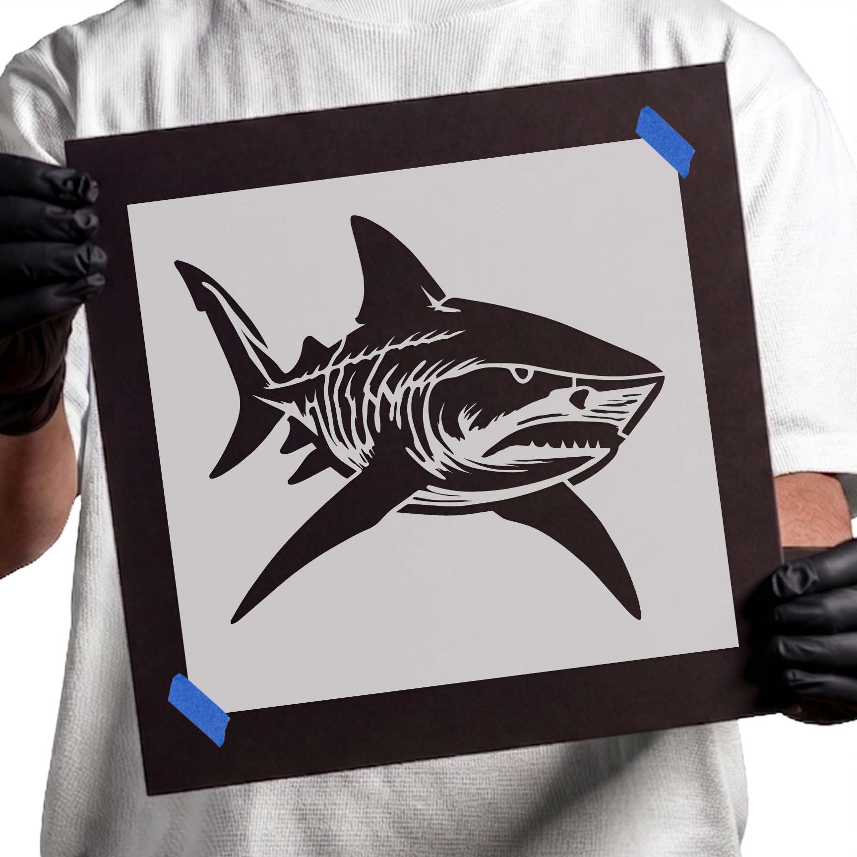 Tiger shark stencil with detailed fins and streamlined body