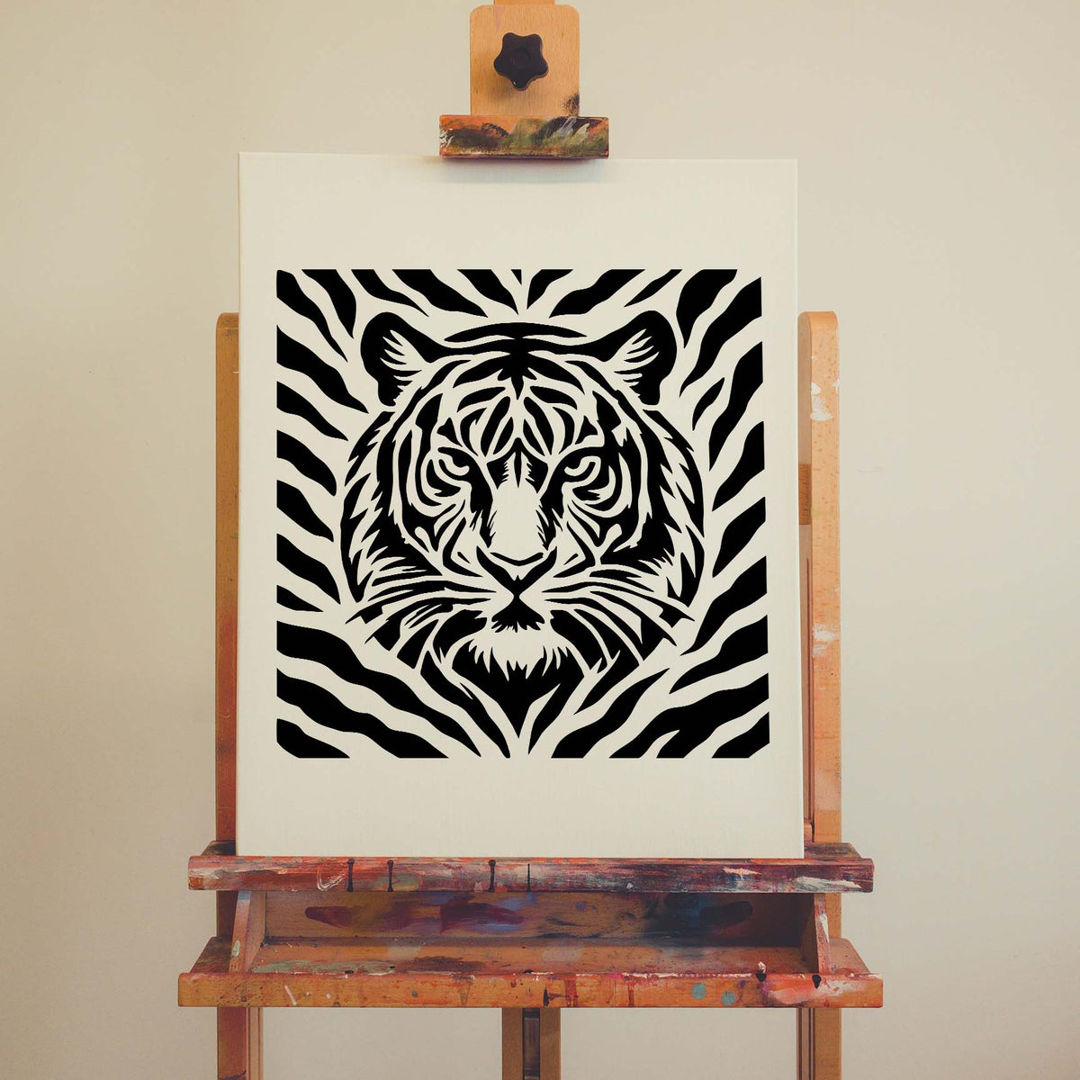 Tiger Stripe Pattern with Tiger Face Stencil creates bold black wildlife art on a white canvas