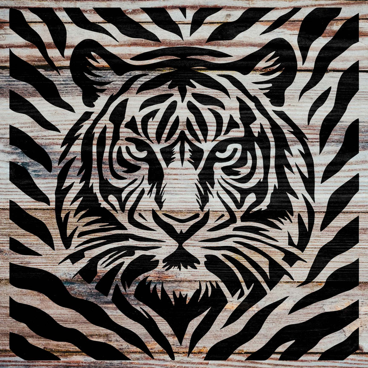 Rustic wood displays the Tiger Stripe Pattern with Tiger Face Stencil with a fierce tiger portrait