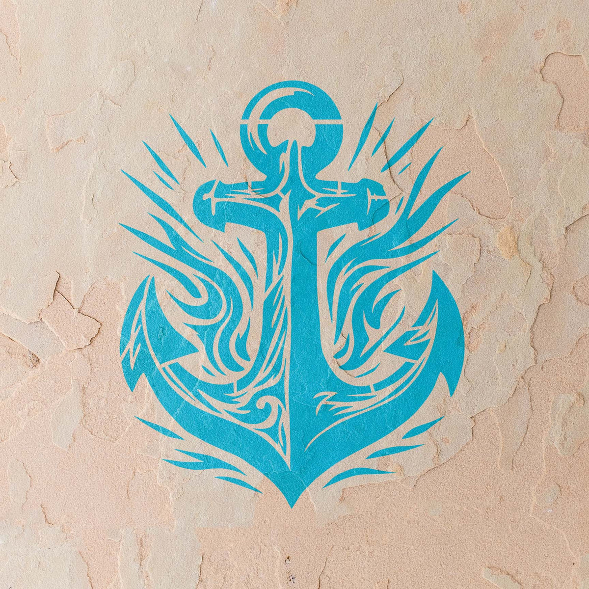 Tribal Anchor Emblem Stencil painted turquoise across a textured stucco wall