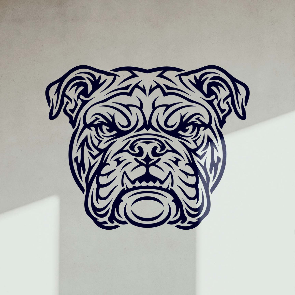 On a clean wall, Tribal Bulldog Face Stencil appears as bold navy canine artwork.