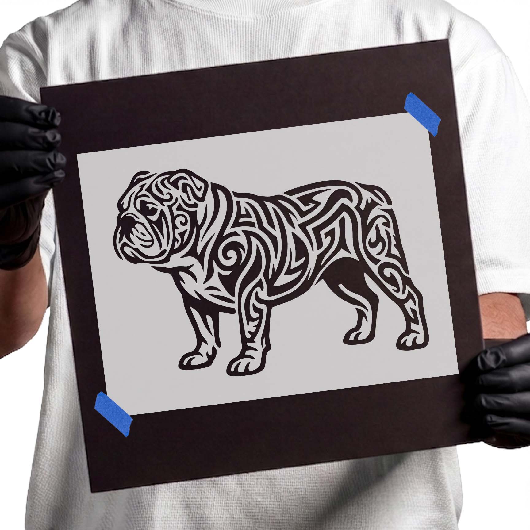 Bulldog stencil covered in flowing spiral and angular tribal markings