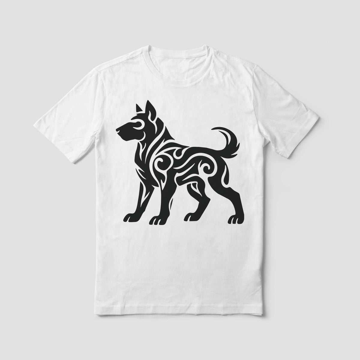 Black Tribal Dog Silhouette Stencil stands out with sweeping tribal curves on a white T-shirt