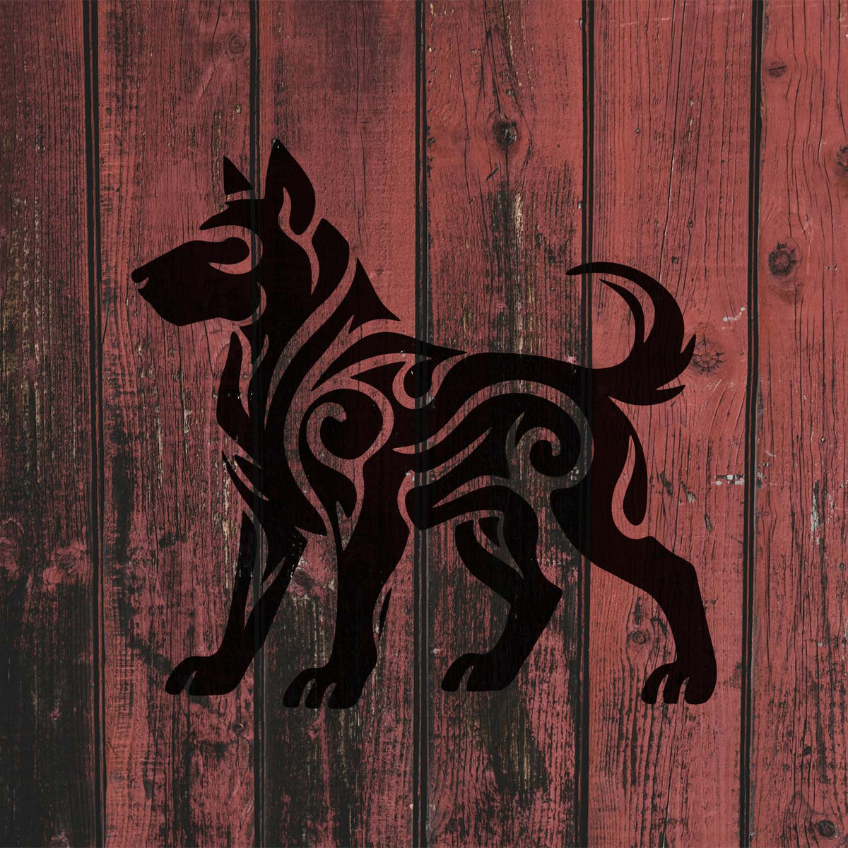 Tribal Dog Silhouette Stencil features a striking black canine motif across weathered red wood