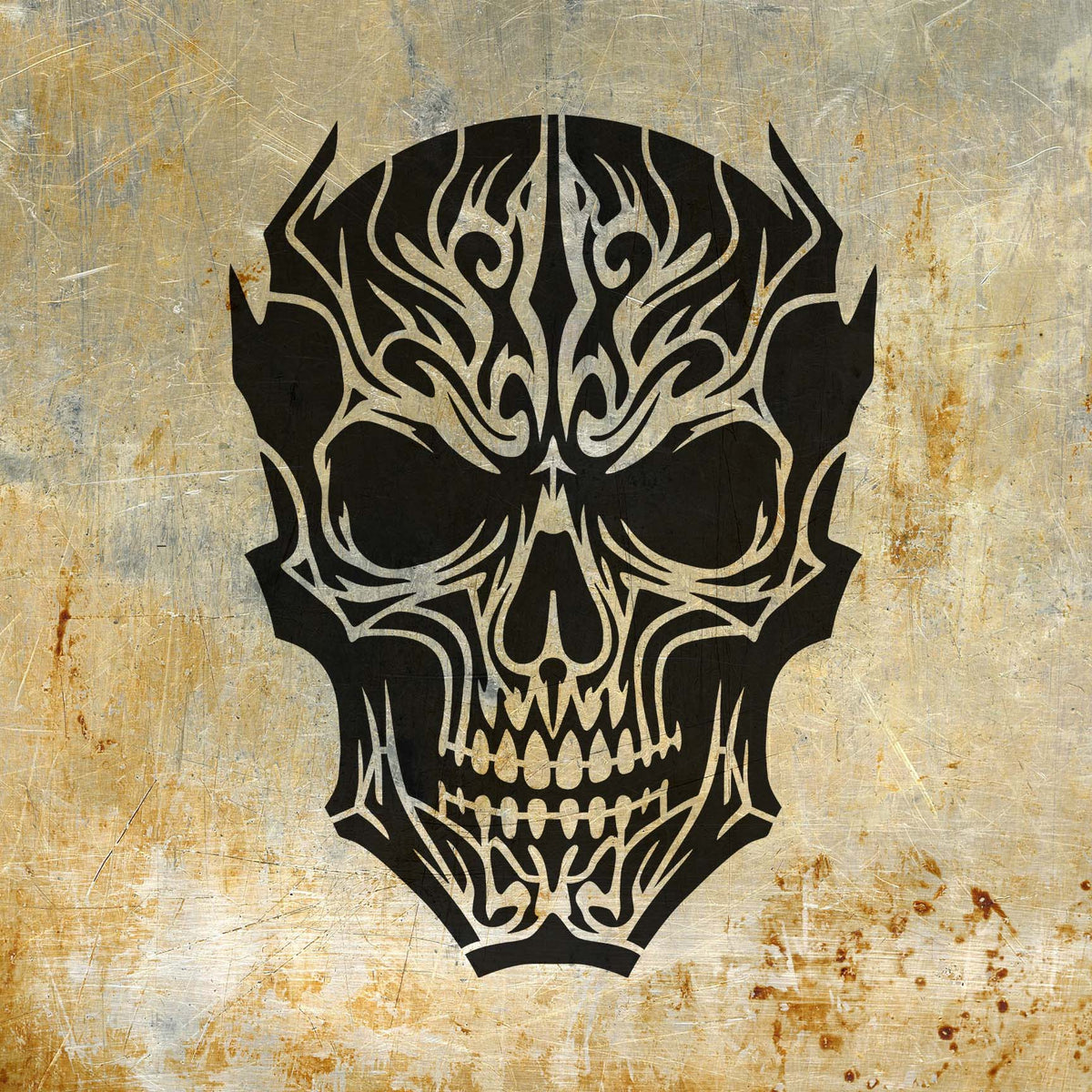 Tribal Gothic Skull Stencil reveals fierce angular details across a distressed metal surface