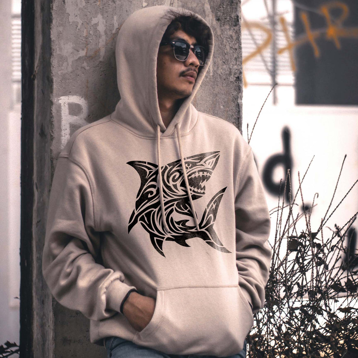 Tribal Great White Shark Stencil makes a striking graphic across the front of a beige hoodie