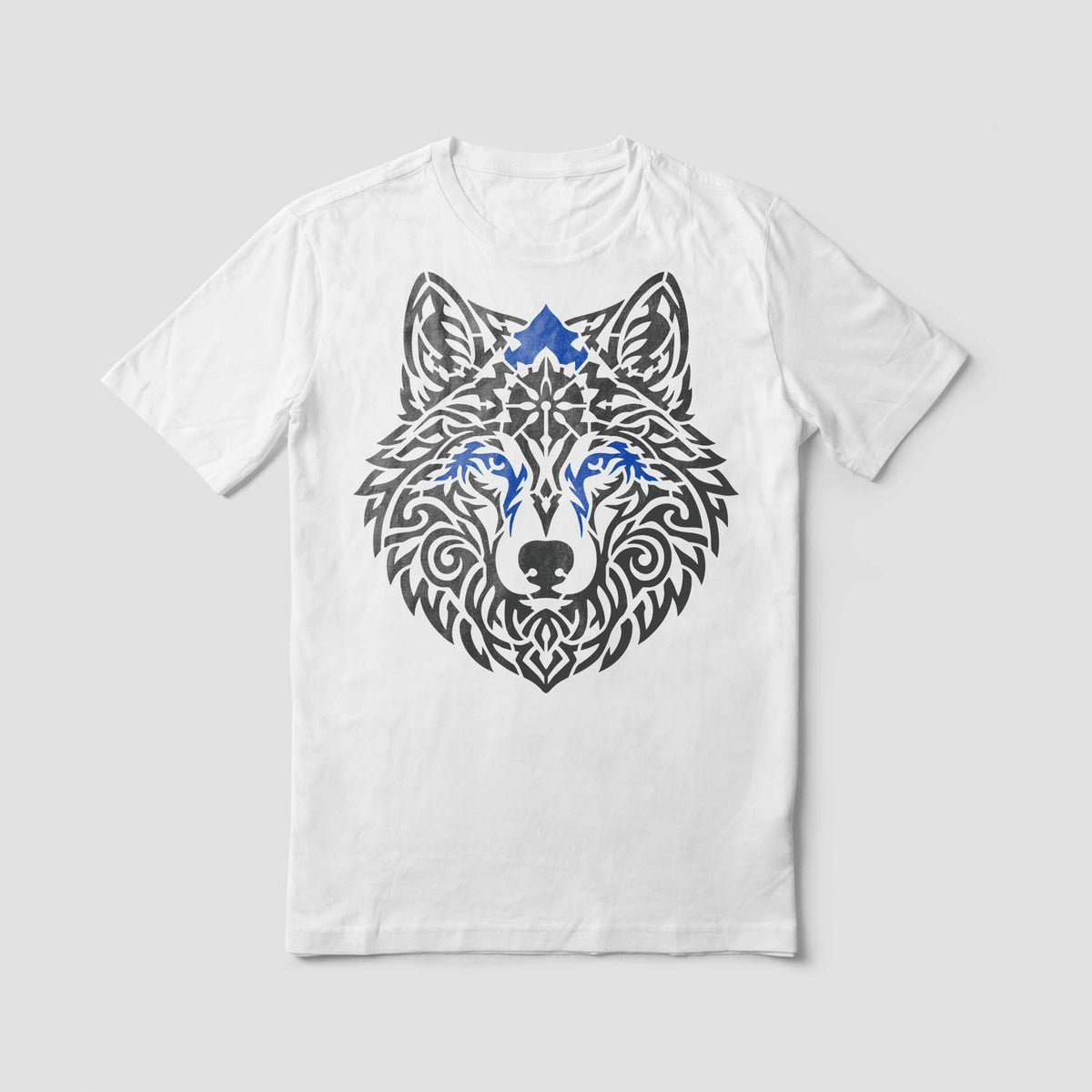 Tribal Mandala Wolf Head Stencil printed on white T-shirt