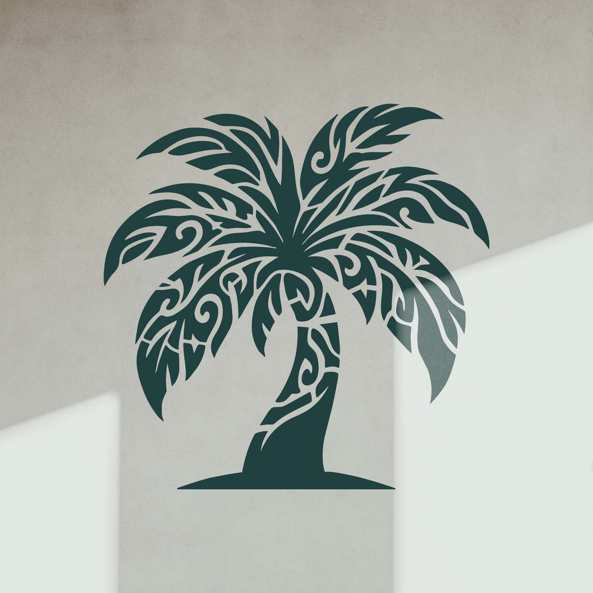 Sunlit Tribal Palm Tree Stencil features sweeping patterned fronds on a smooth interior wall