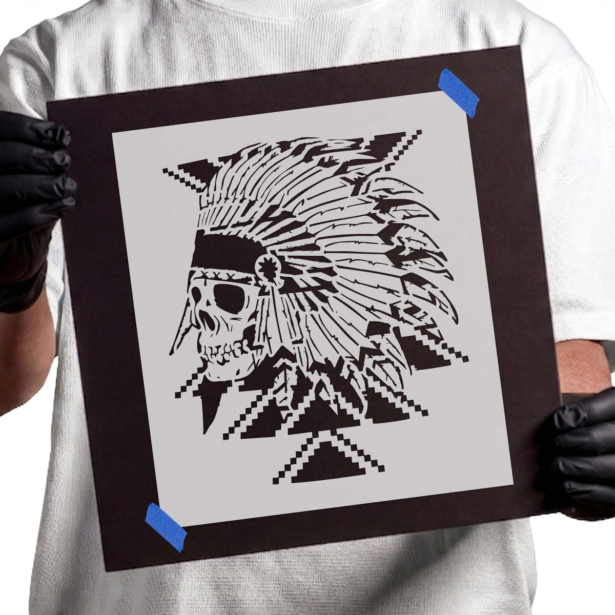 Tribal Skull Stencil with detailed skull, feathered headdress, and geometric accents
