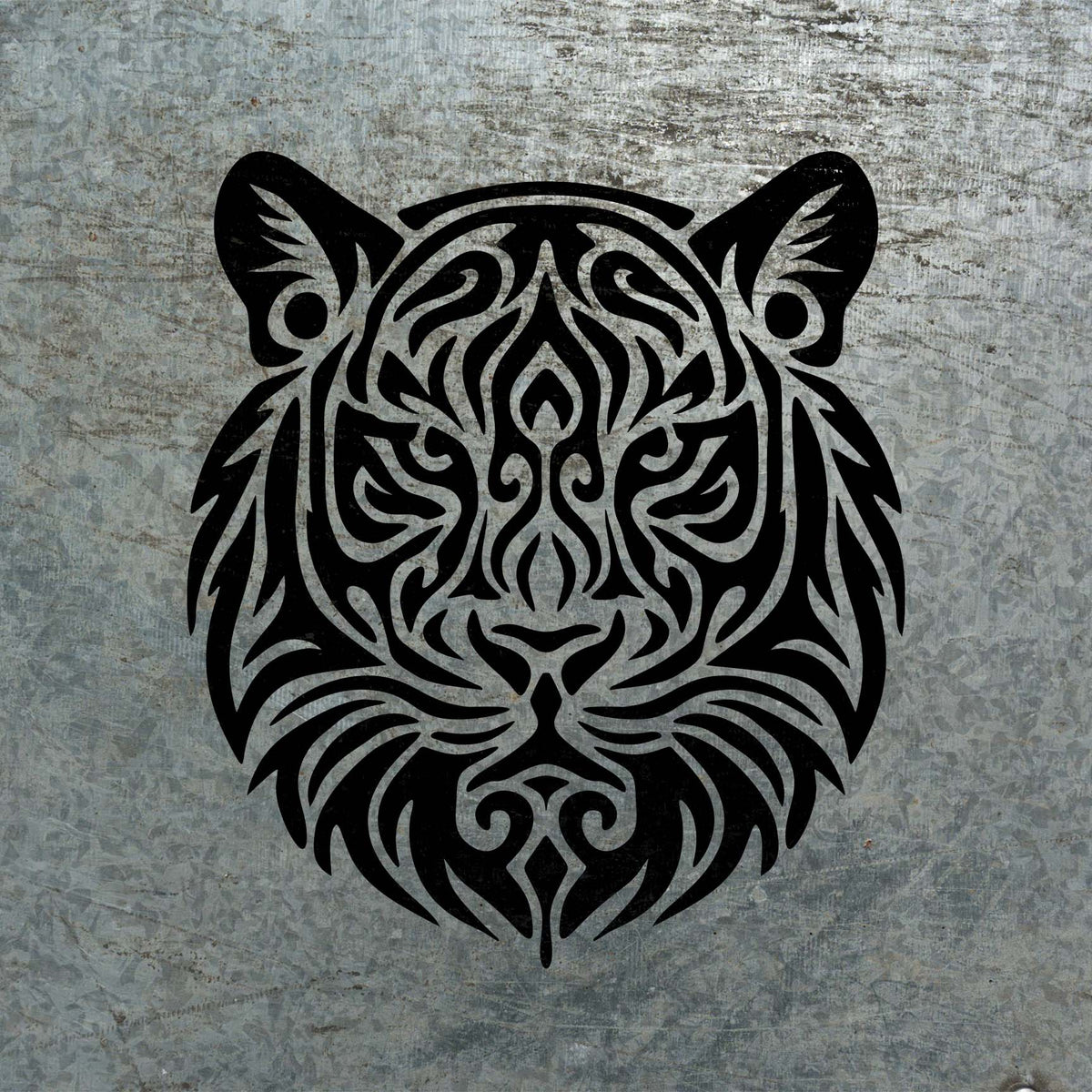 Ornate Tribal Tiger Head Stencil appears in black across a weathered industrial metal surface
