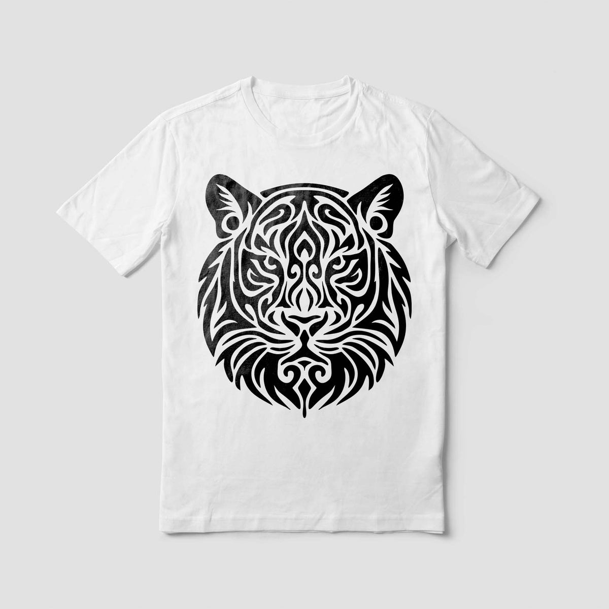 A white T-shirt features the Tribal Tiger Head Stencil with intricate black facial markings
