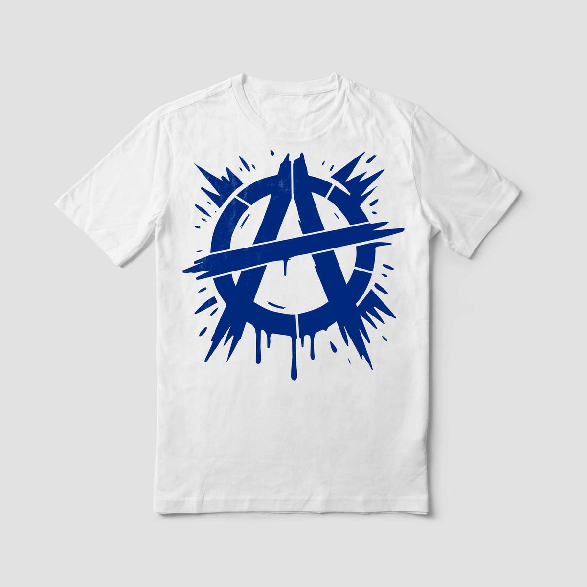 Splattered blue strokes make the Urban Anarchy Emblem Paint Splash Stencil stand out on a white t-shirt.