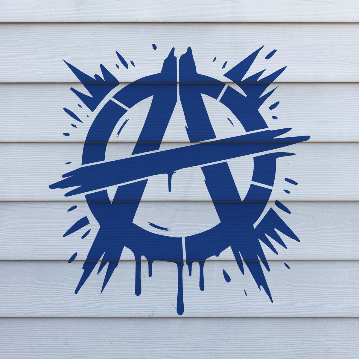 A bold circle-A with dripping edges defines the Urban Anarchy Emblem Paint Splash Stencil on white siding.