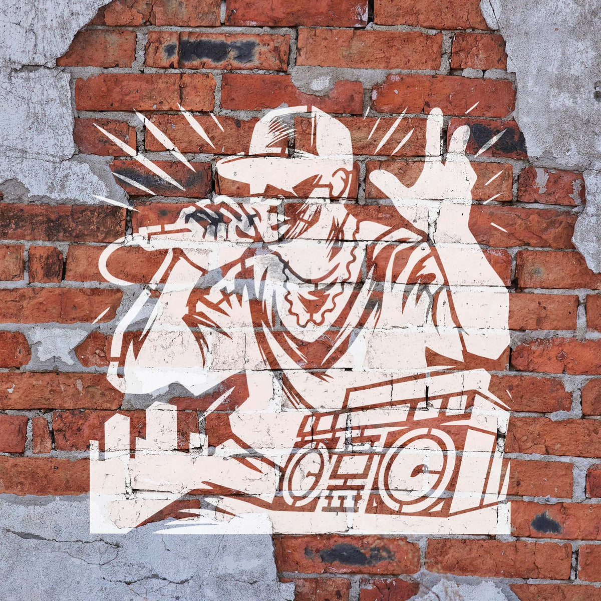 A white Urban Hip Hop Performer Boombox Stencil captures a rapper with a microphone on a rustic brick wall.