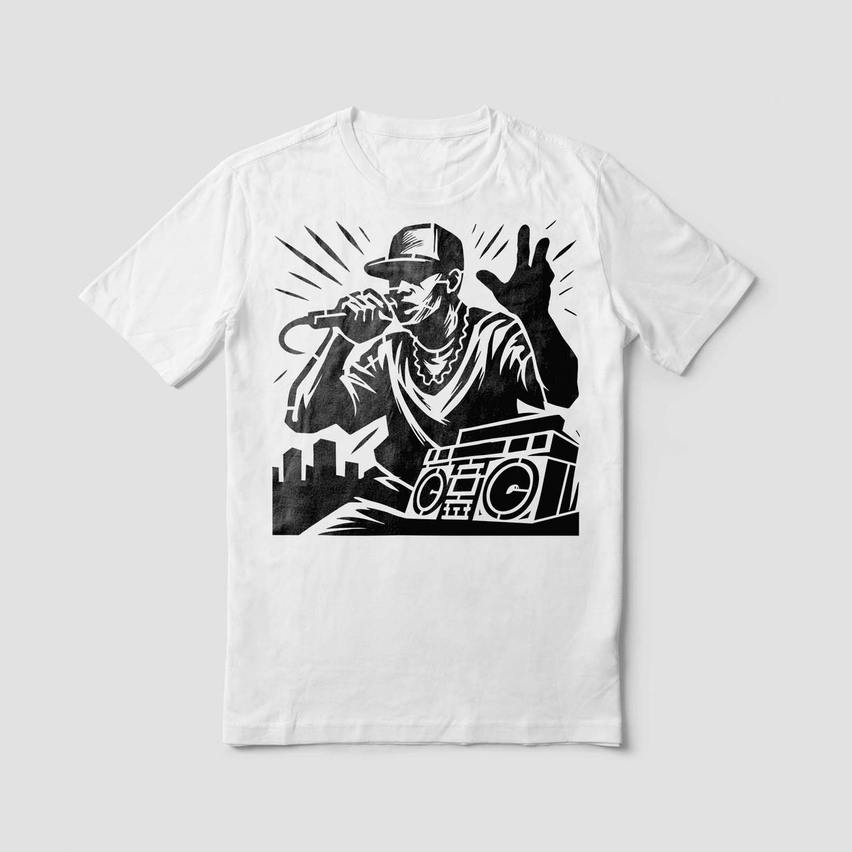 Hip-hop energy shines through the Urban Hip Hop Performer Boombox Stencil with a rapper and stereo on a white tee.