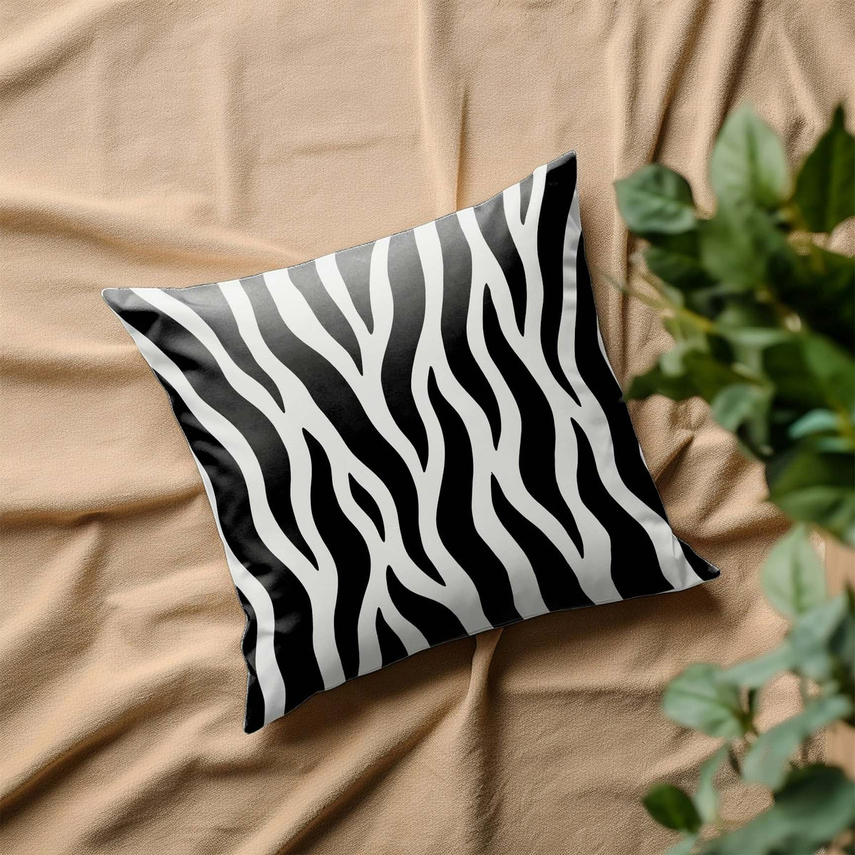 Bold Vertical Tiger Stripe Pattern Stencil covers a decorative pillow in black and white