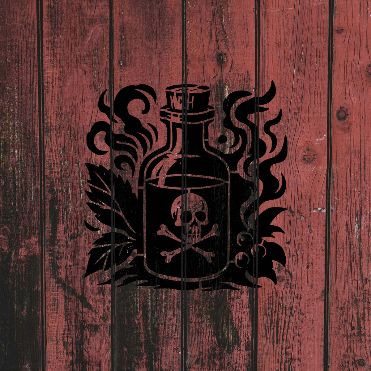 Vintage Apothecary Poison Bottle stencil displays skull, foliage, and curling fumes on rustic wood