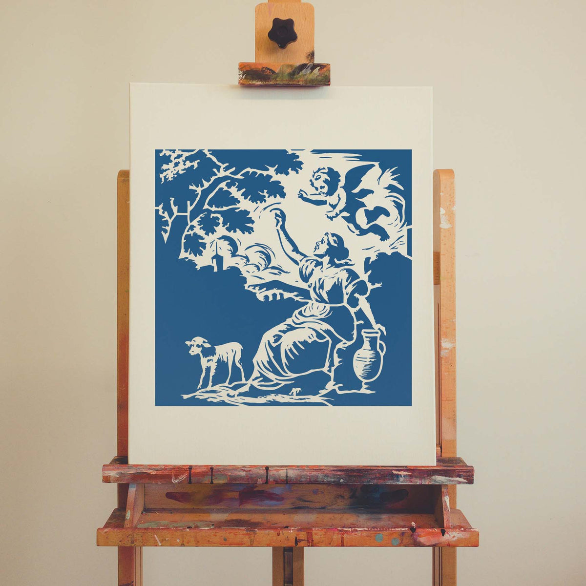 Vintage Cherub & Shepherdess Toile Stencil depicts a pastoral scene in blue on an artist's canvas.