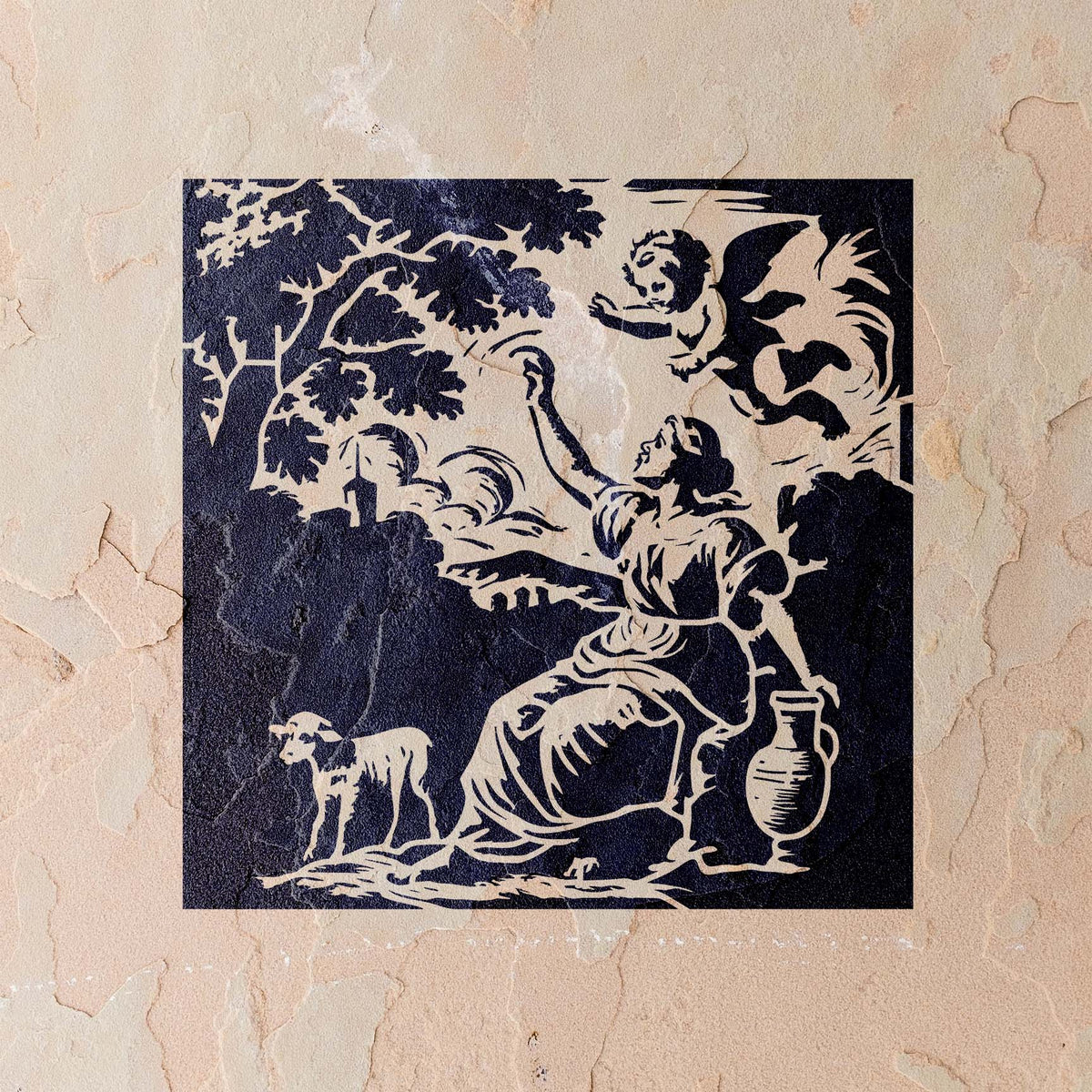 On aged stucco, the Vintage Cherub & Shepherdess Toile Stencil shows a cherub above a seated woman.