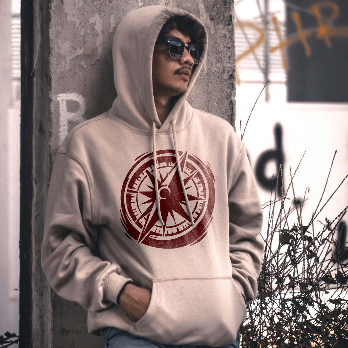 Vintage Compass Rose stencil adds a distressed navigation graphic to a hoodie