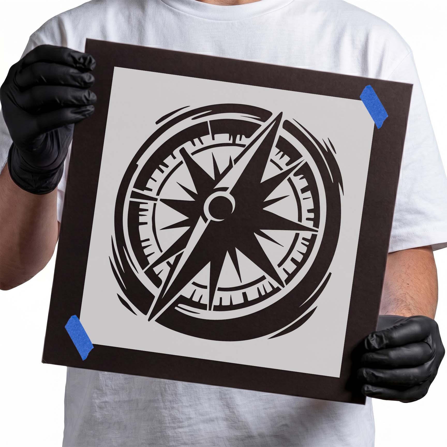 Compass rose stencil with pointed star and circular navigation markings