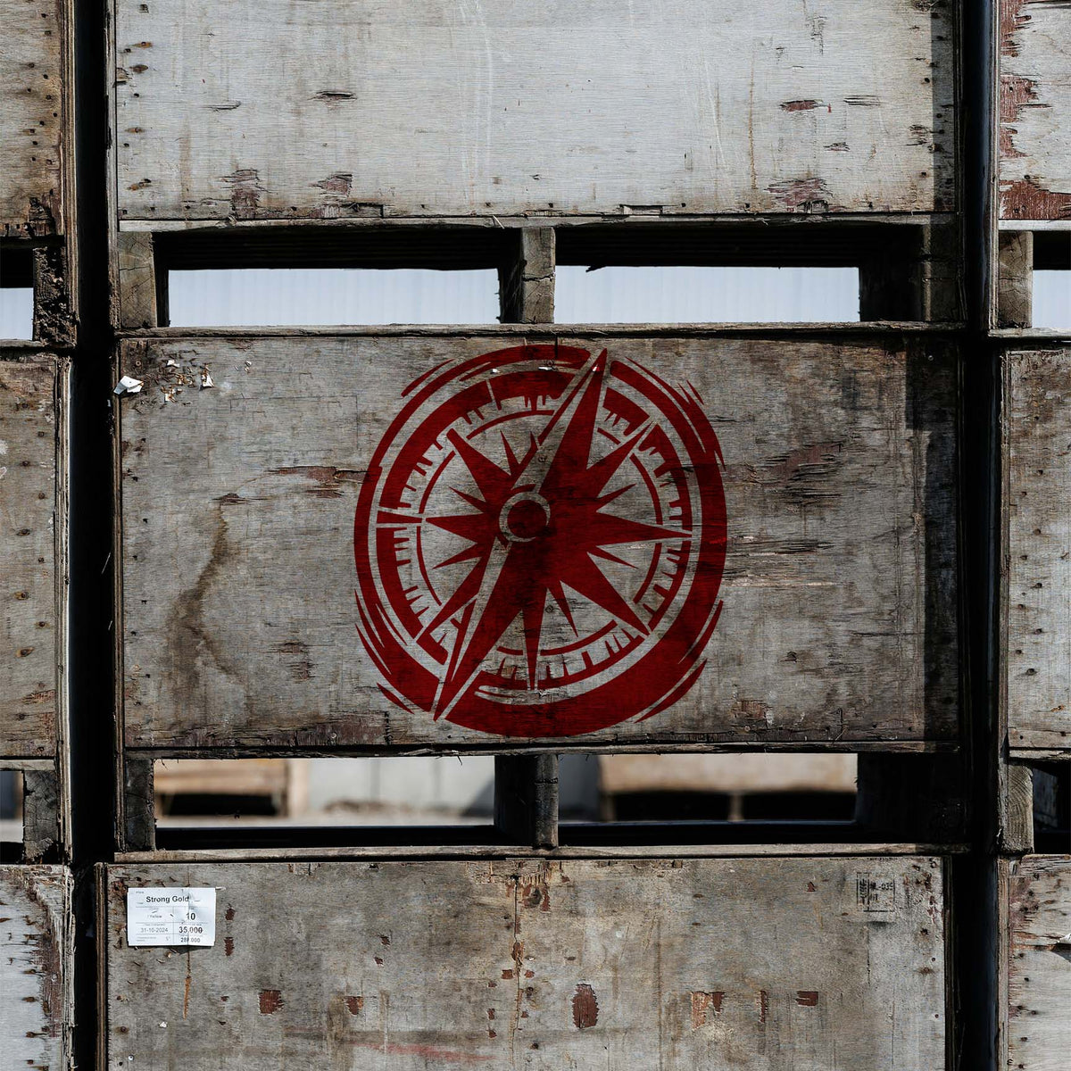 Vintage Compass Rose stencil stands boldly across a weathered wooden crate