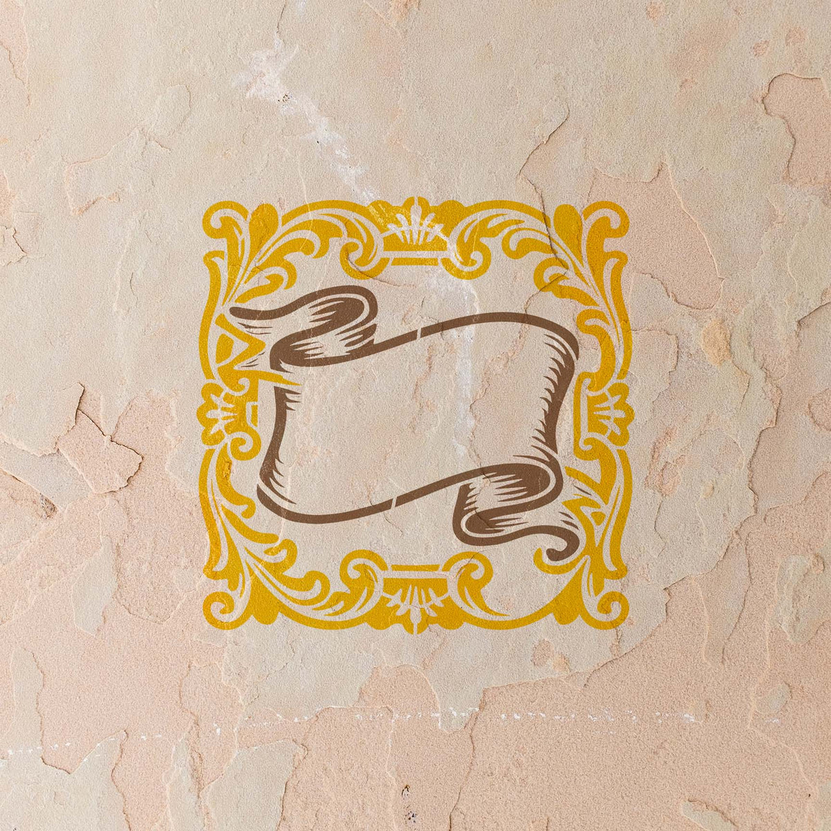 Vintage Scroll Banner Frame stencil adds golden flourishes to a weathered stucco wall