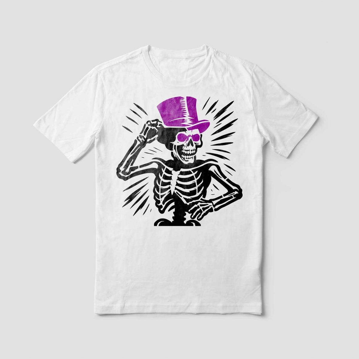 A bold Vintage Top Hat Skeleton Stencil decorates a white T-shirt in black and purple