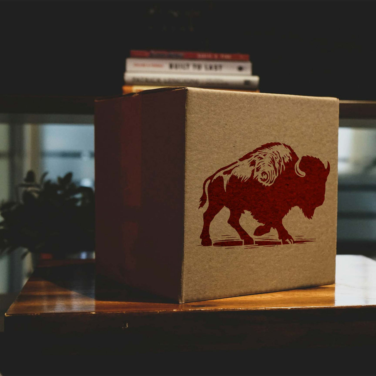 Walking Bison Side Profile Stencil painted red on a kraft cardboard box with detailed shaggy fur.
