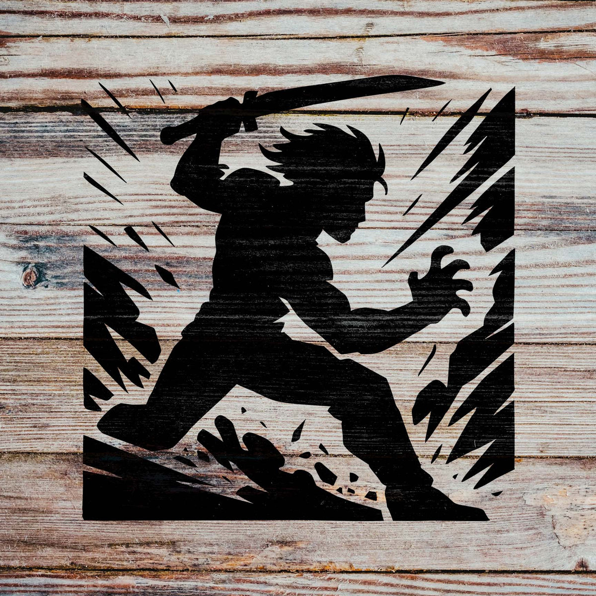 Shadow Blade Warrior Stencil in black on rustic wood with dynamic sword pose.