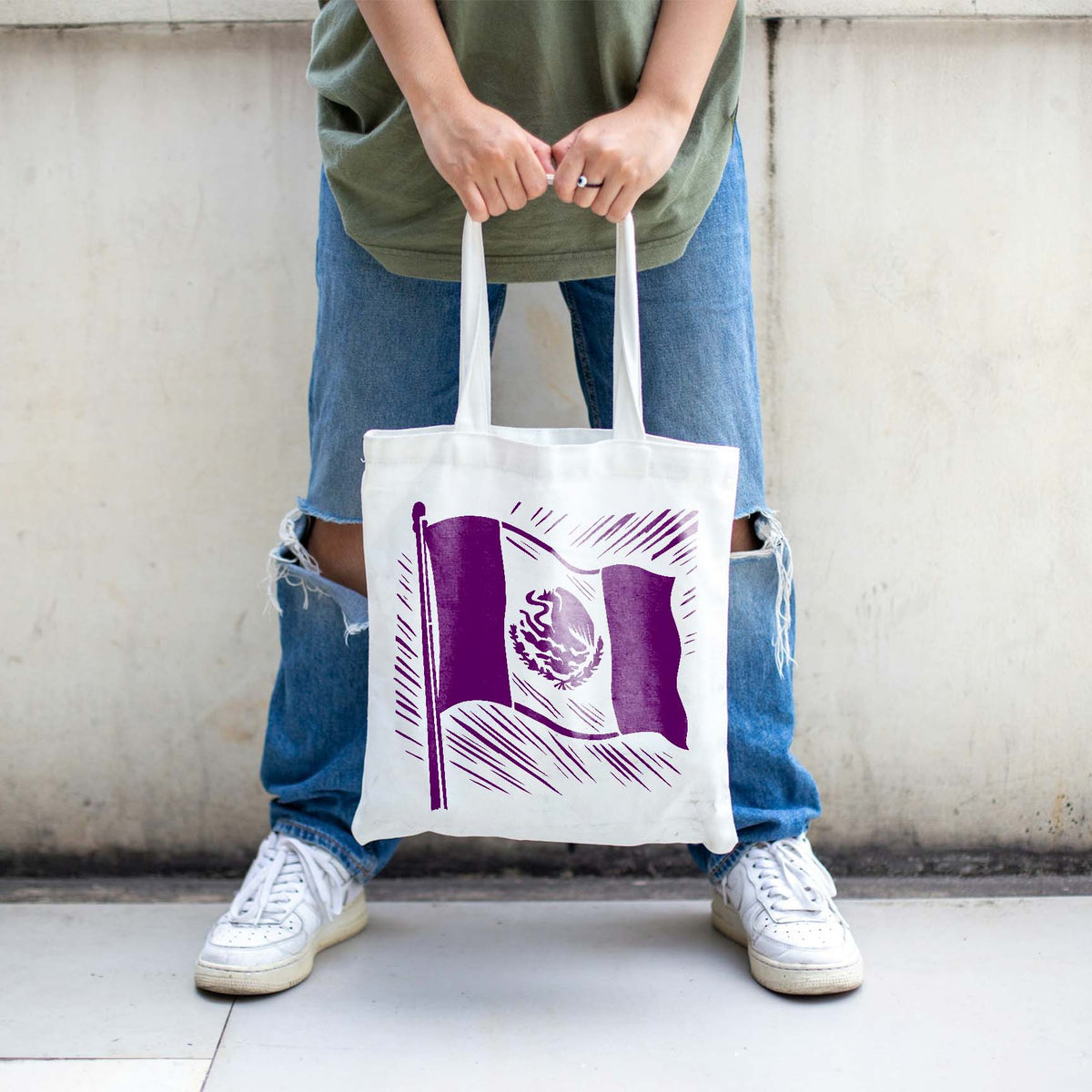 Purple Waving Mexico Flag Stencil decorates a white tote bag with a flowing flag design