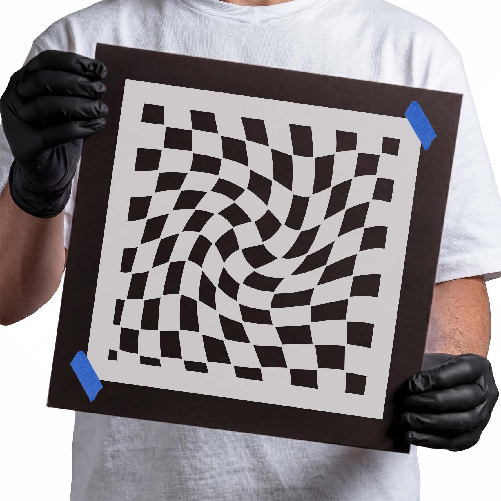 Wavy checkerboard reusable stencil with swirling checkered pattern