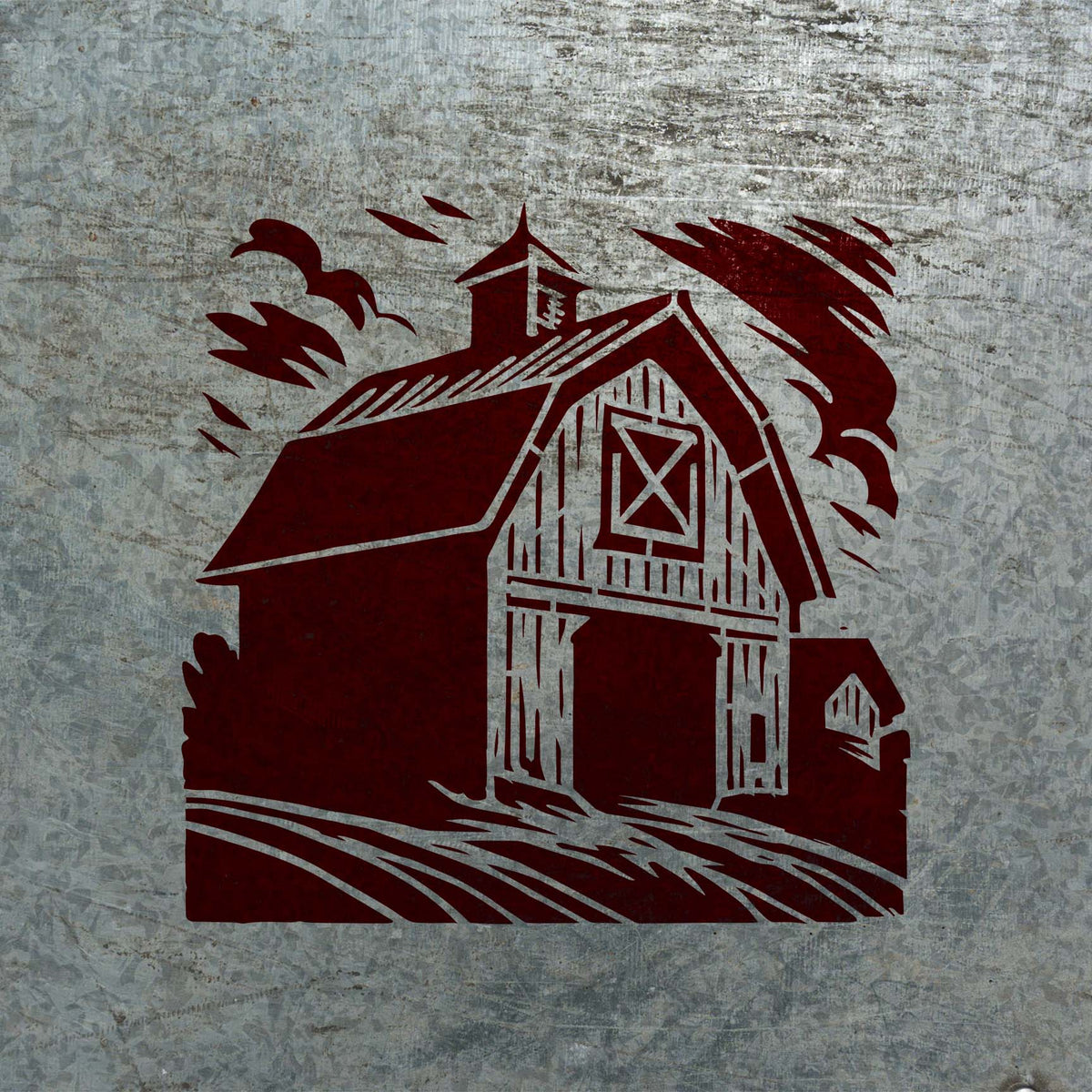 Weathered Farm Barn Stencil shown in dark red on a scratched metal background.
