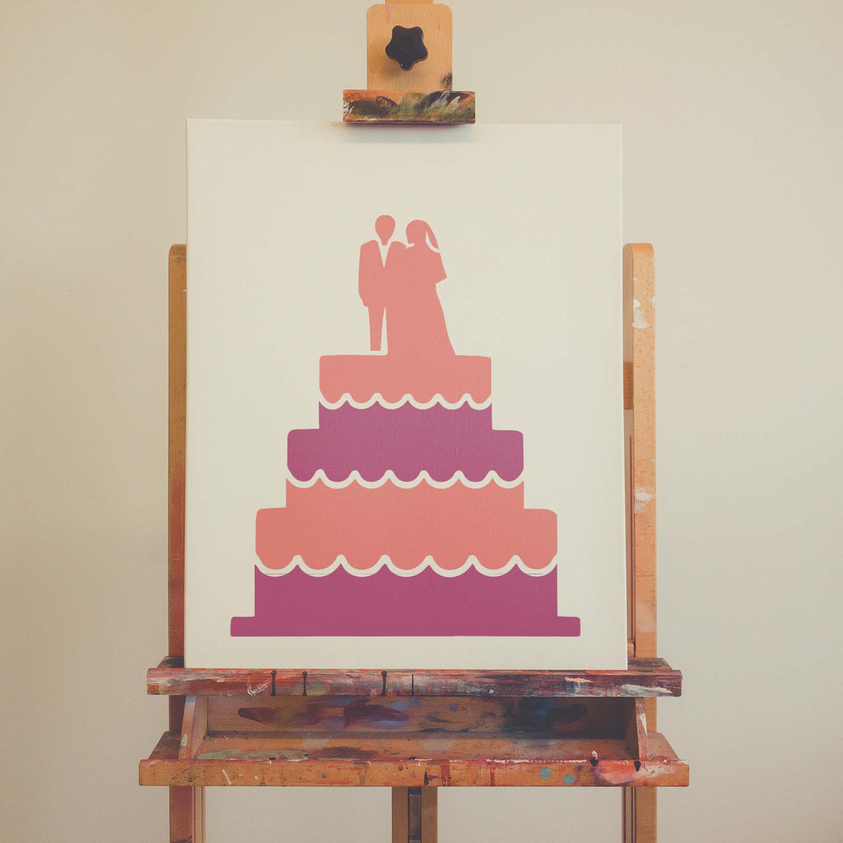 Tiered Wedding Cake stencil with bride and groom topper on canvas