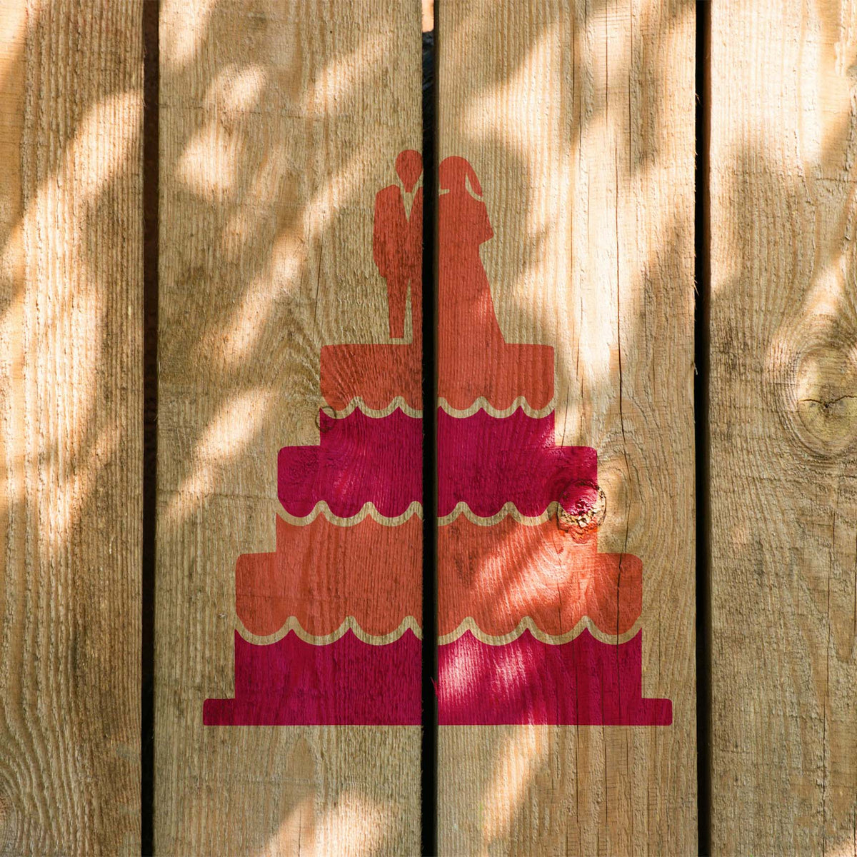 Tiered Wedding Cake stencil with bride and groom silhouette on wood