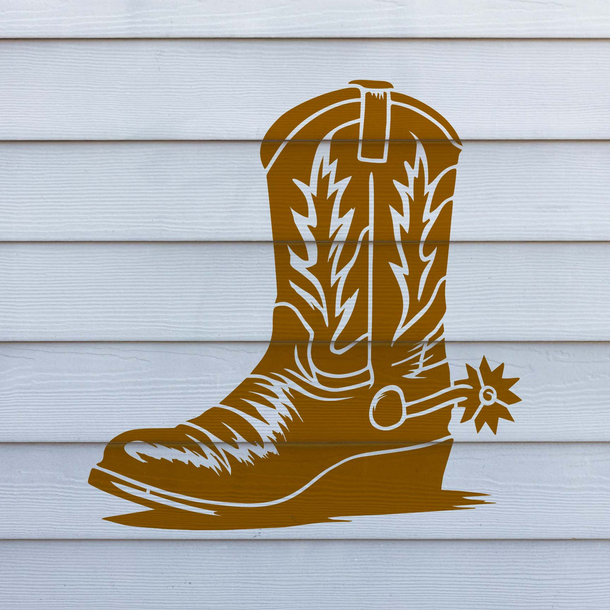 Golden Western Cowboy Boot with Spur Stencil stands out against clean white house siding.