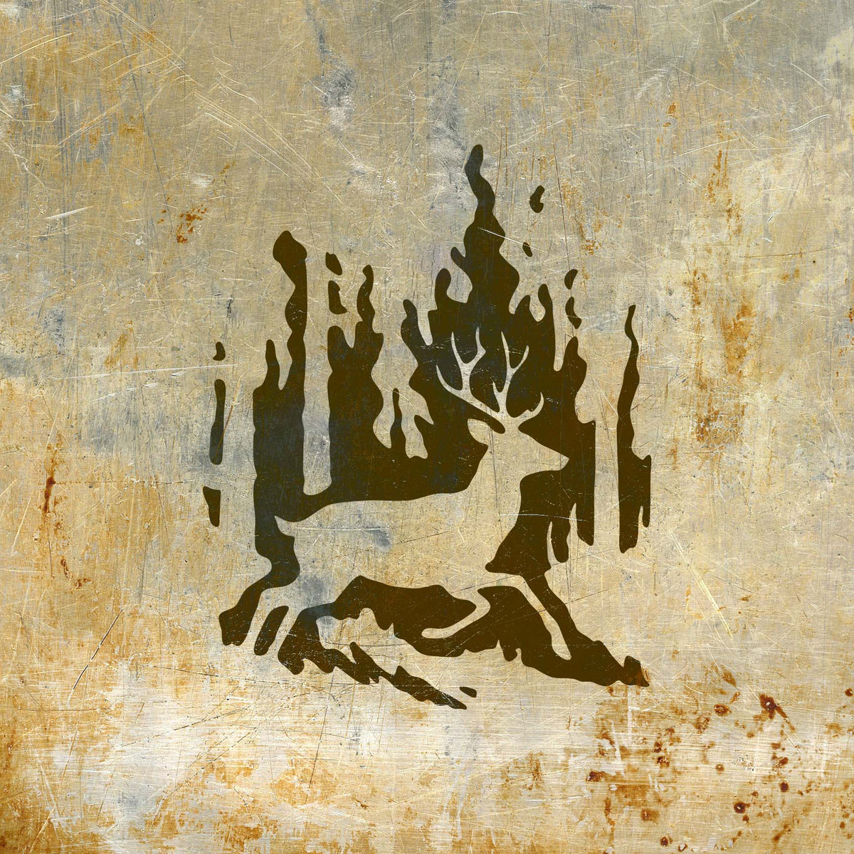 Wildfire buck stencil painted dark brown on a distressed metal surface