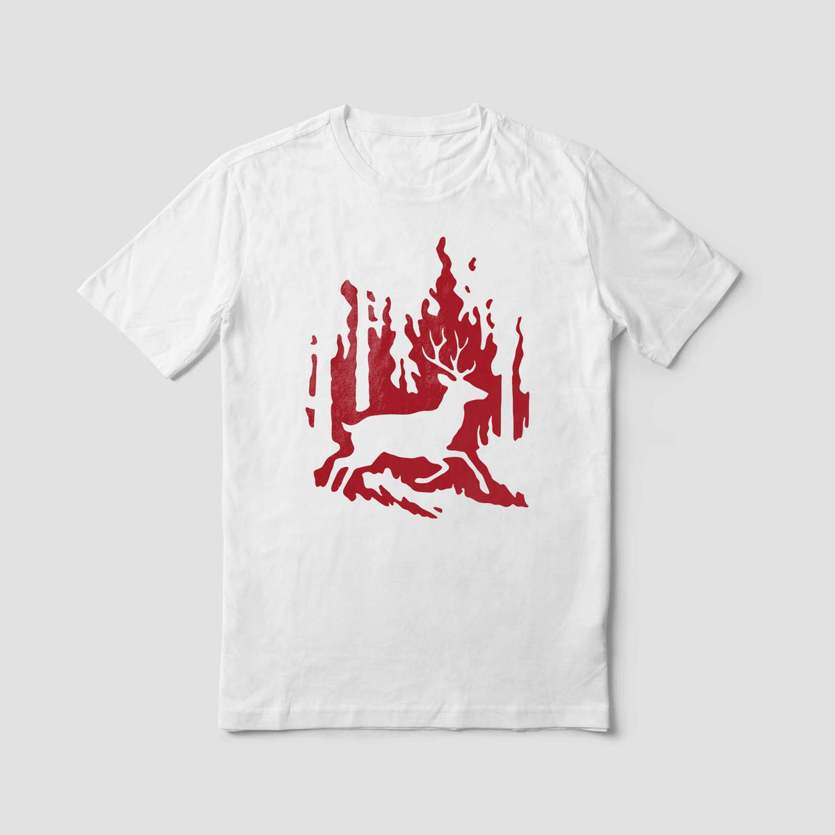 Wildfire buck stencil printed in red on a white shirt