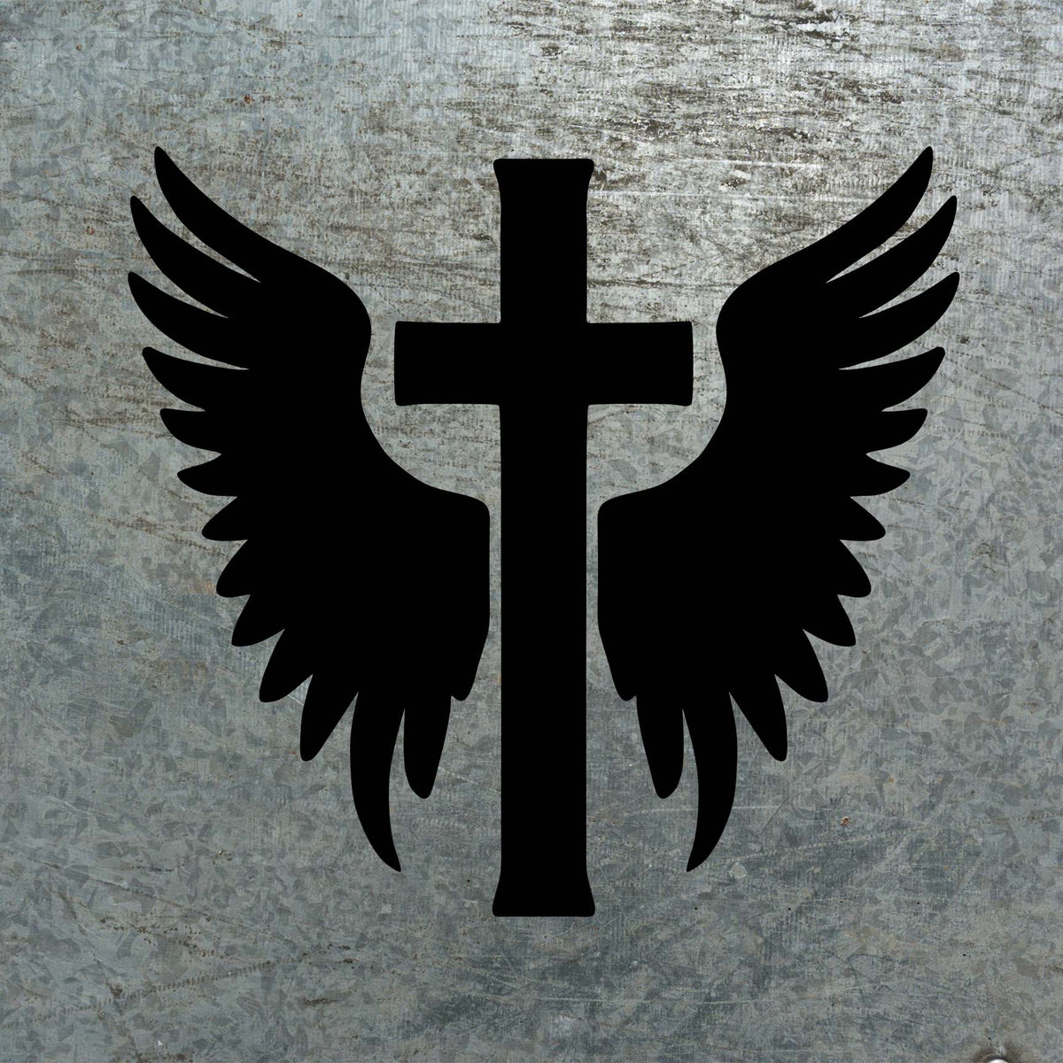 Bold and simple, Winged Christian Cross Stencil appears as a black design on textured metal