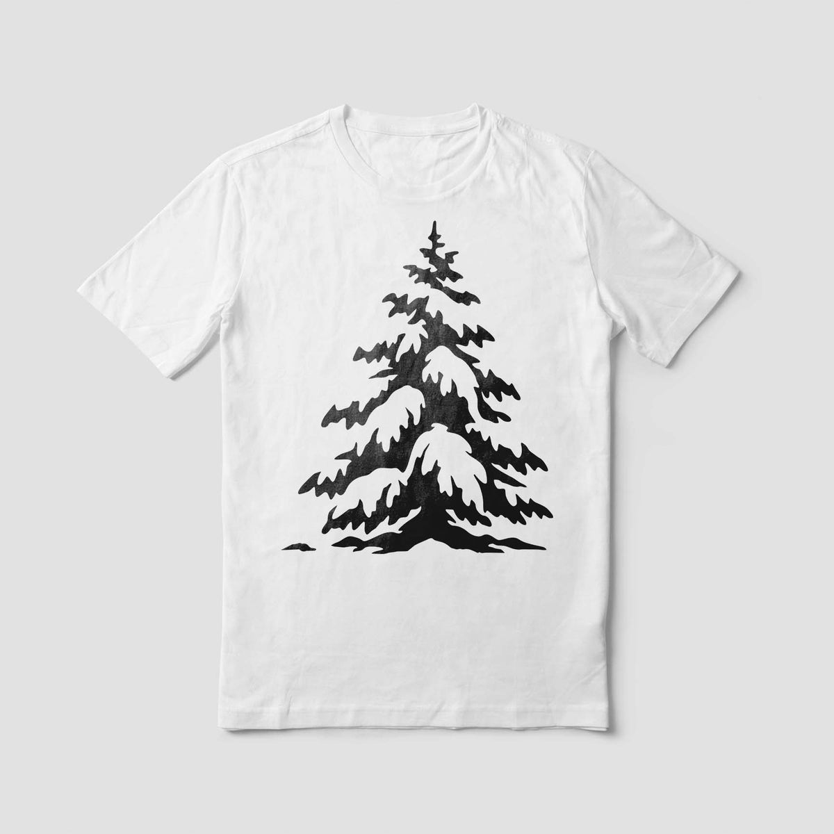 Winter evergreen pine stencil with snowy branches printed on a white shirt