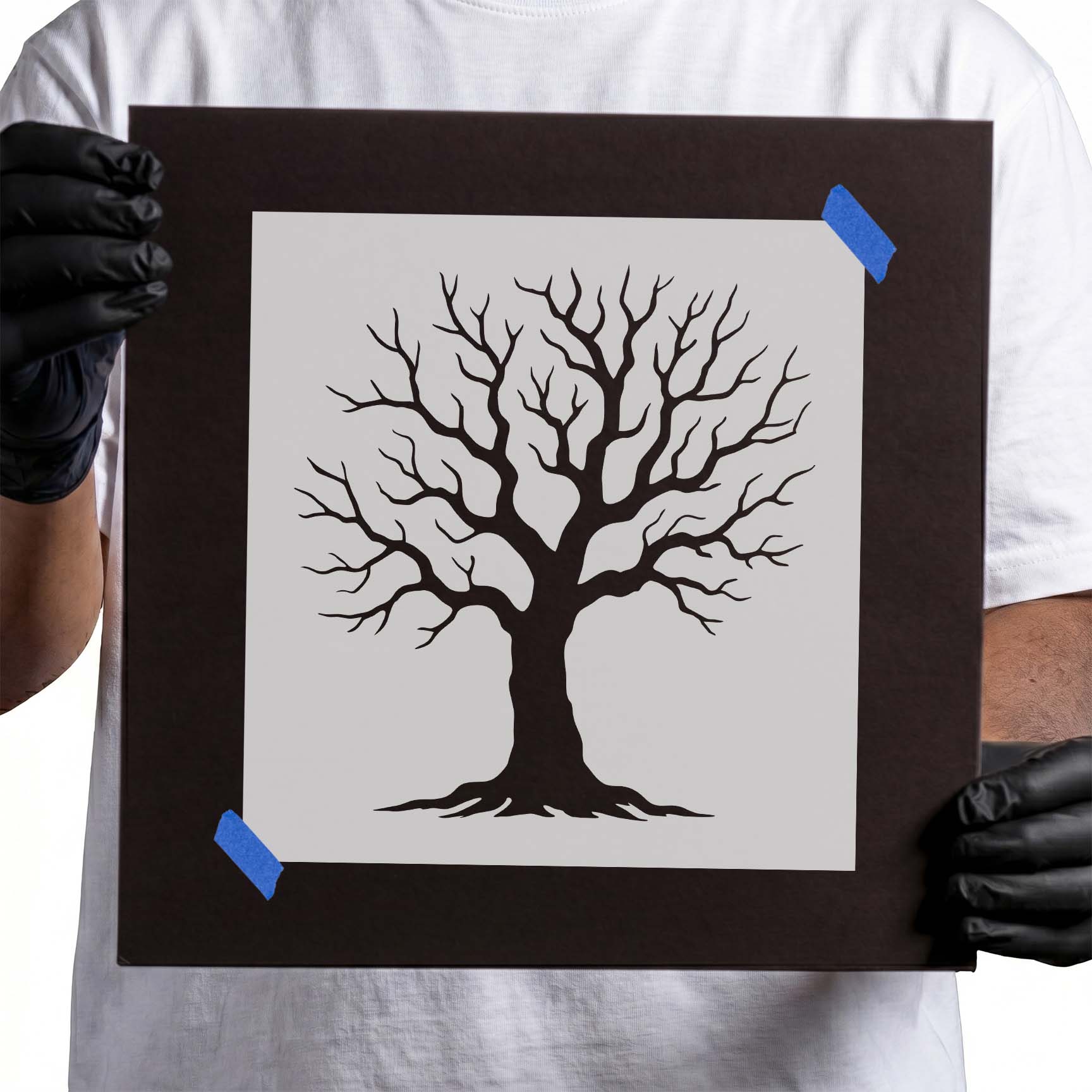 Winter Tree Stencil featuring a detailed leafless tree silhouette with intricate branches.