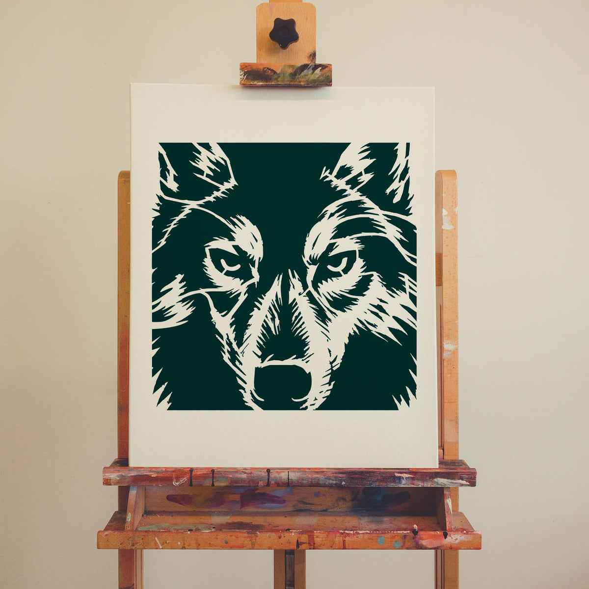 Piercing eyes and detailed fur markings define the Wolf Eyes Close-Up Stencil painted in dark green on canvas.