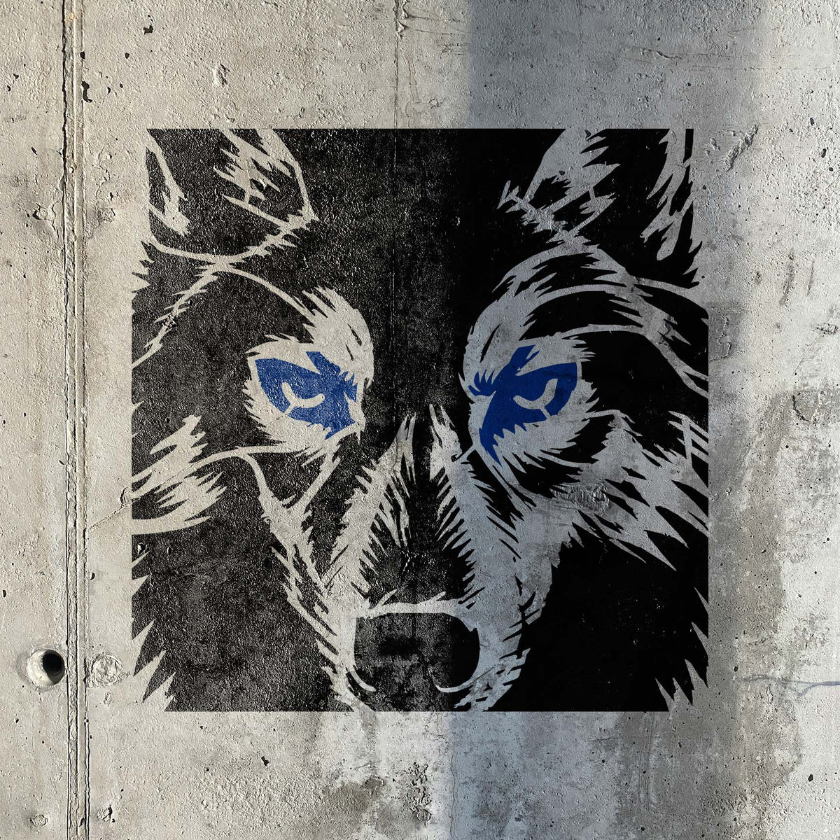 Wolf Eyes Close-Up Stencil with blue eyes on concrete wall